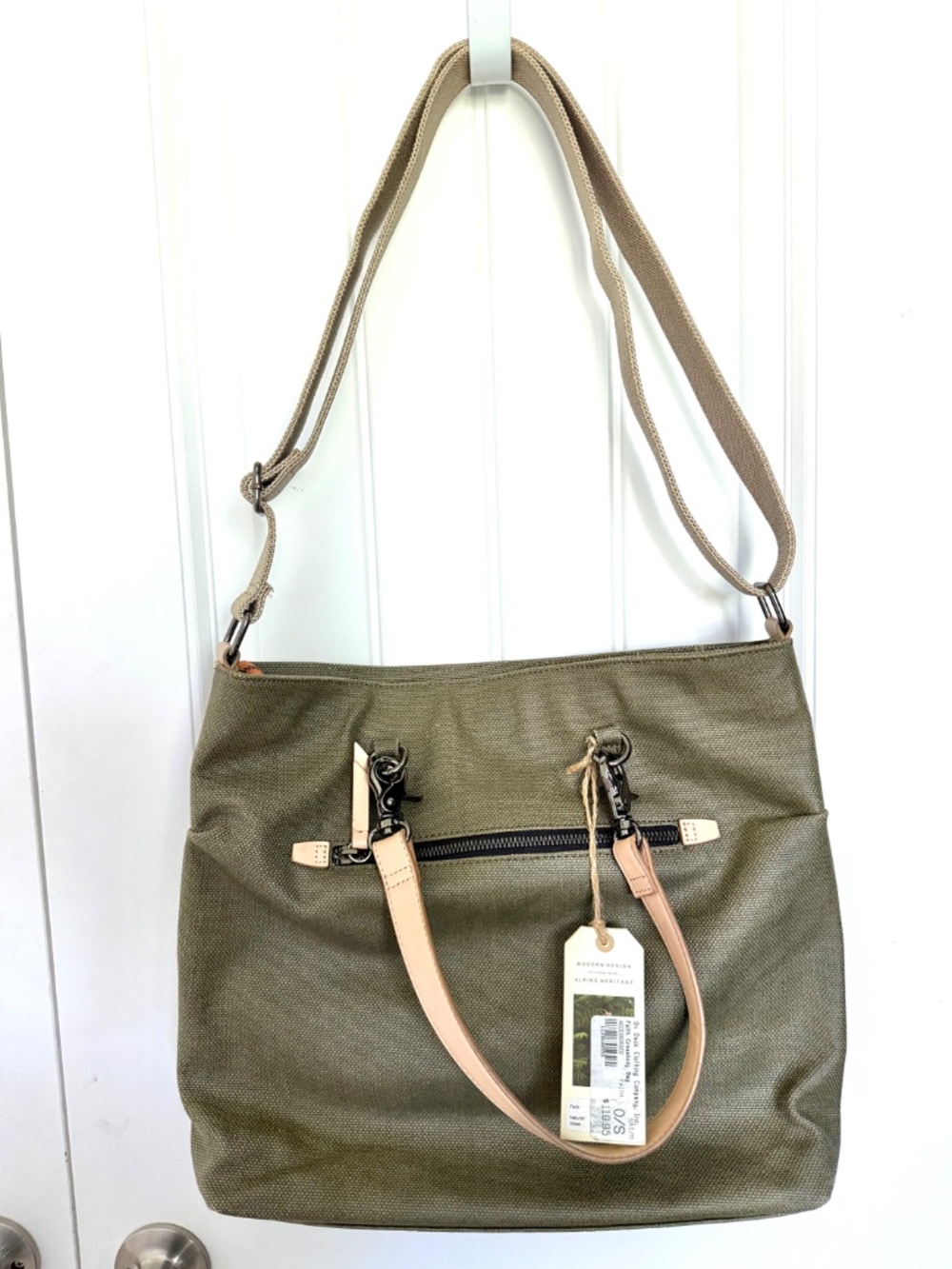 Sherpani Ink Faith Green Tan Crossbody Bag Leather Trim Dual Handles NWT - Picture 2 of 15